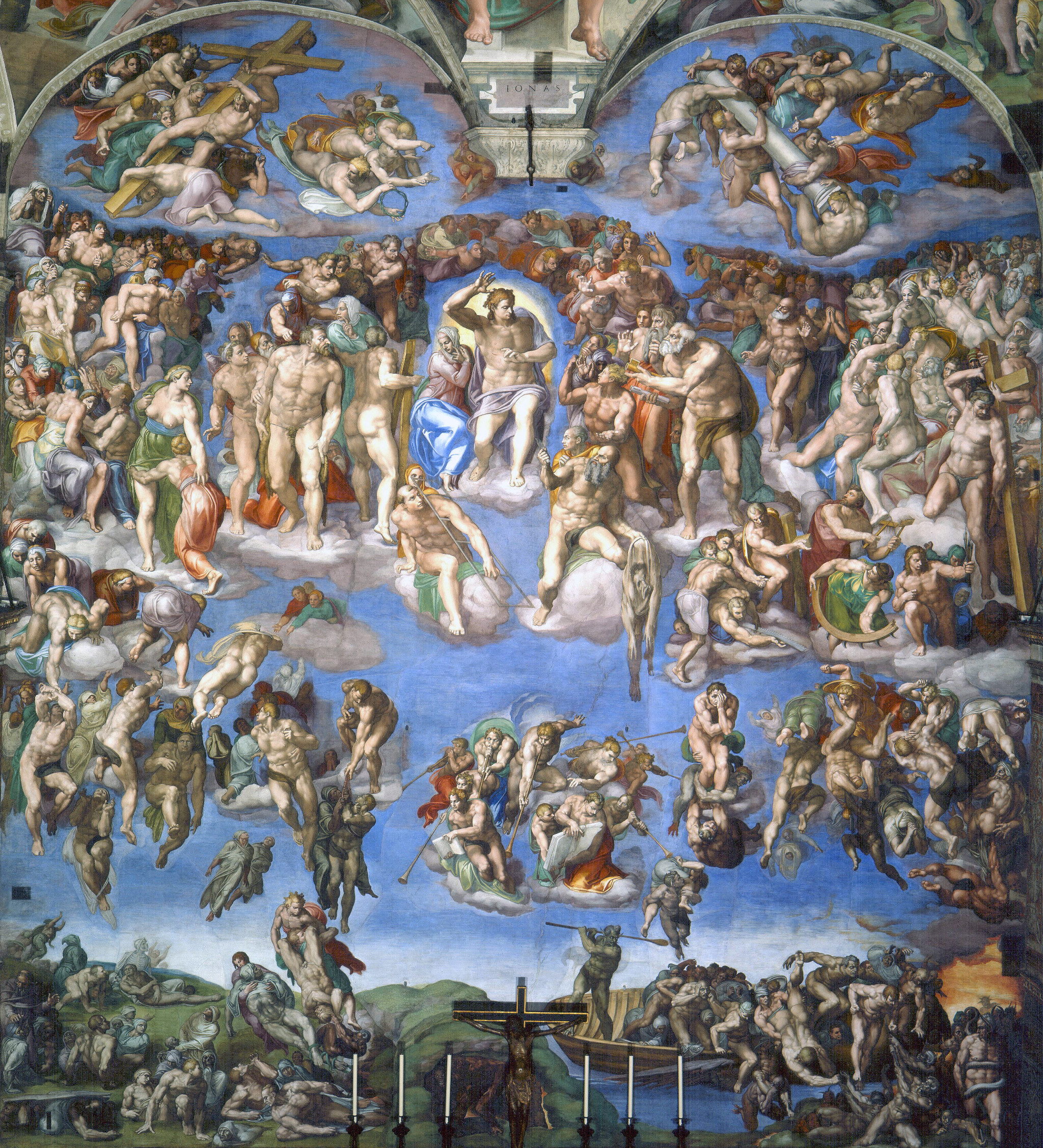 1536–1541, Fresko, 1370 cm x 1220 cm, Rom/Vatikan, Sixtinische Kapelle.<br>
Quelle: <a href="https://commons.wikimedia.org/wiki/File:Last_Judgement_(Michelangelo).jpg">User:Wallpapper und User:Alonso de Mendoza / Wikimedia Commons</a>
<br>Lizenz: Public Domain