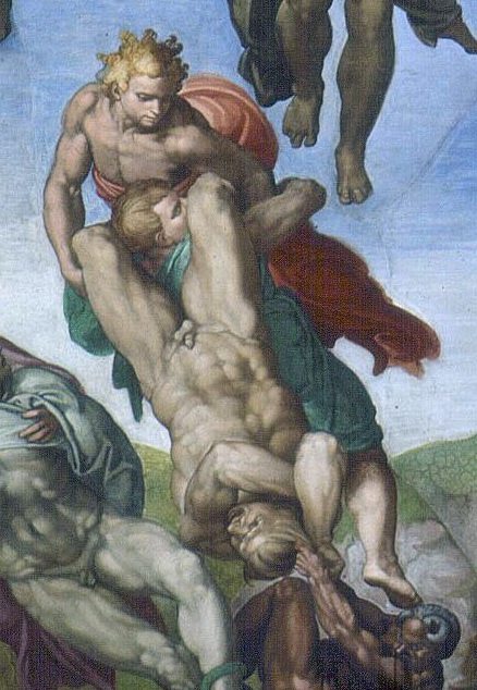 1536–1541, Fresko, 1370 cm x 1220 cm, Rom/Vatikan, Sixtinische Kapelle.<br>
Quelle: <a href="https://commons.wikimedia.org/wiki/File:Last_Judgement_(Michelangelo).jpg">User:Wallpapper und User:Alonso de Mendoza / Wikimedia Commons</a>
<br>Lizenz: Public Domain