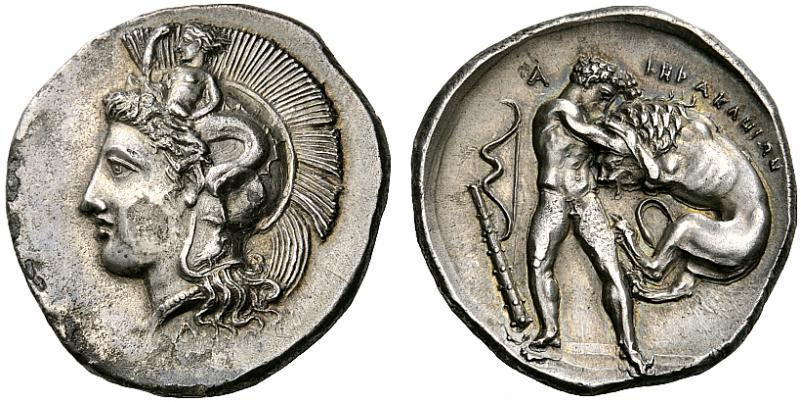 Herakles im Kampf gegen den nemeischen Löwen / Kopf der Athena