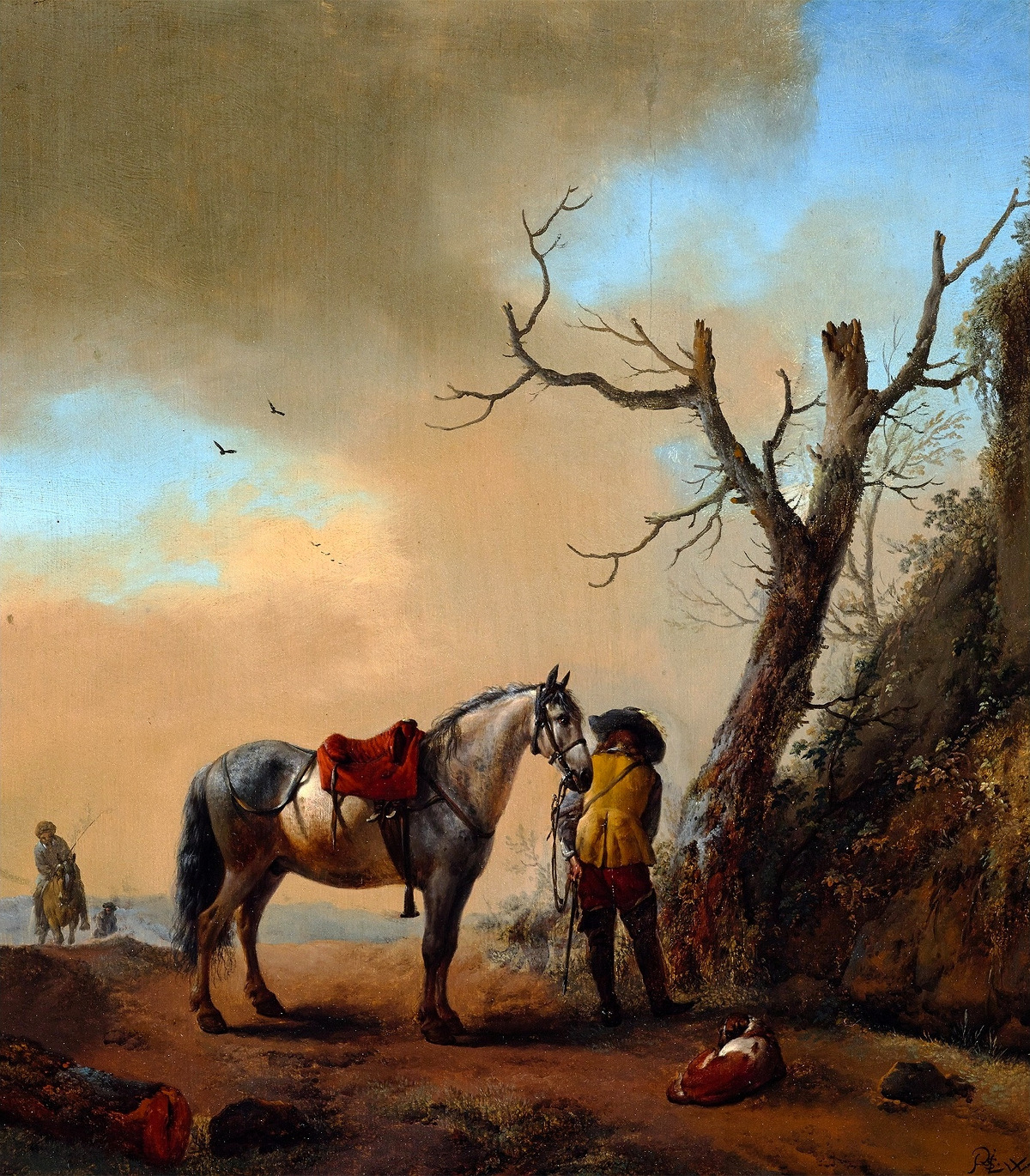 Philips Wouwerman: „Landschap met schimmel en afgestegen ruiter“