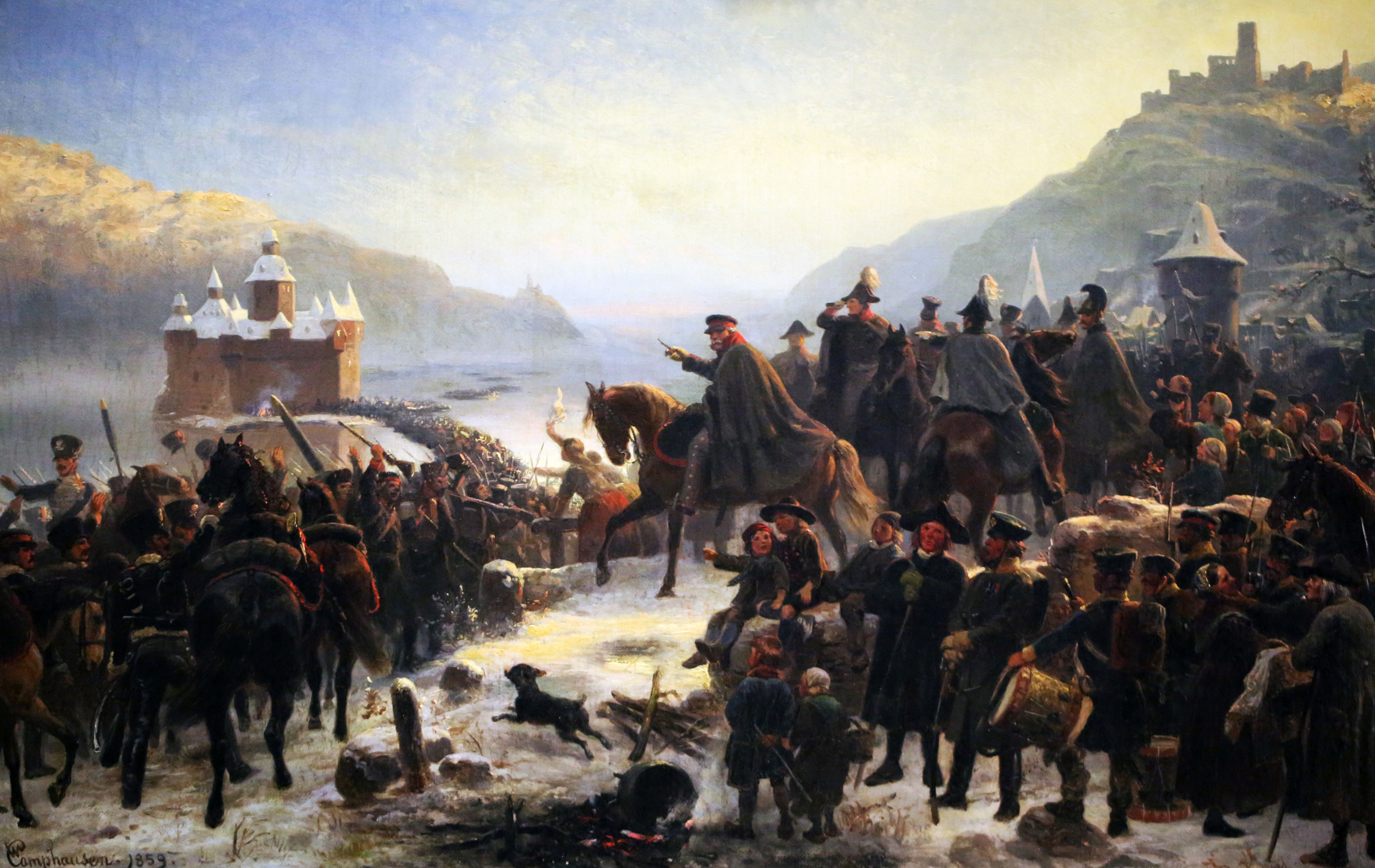 Wilhelm Camphausen: Blüchers Rheinübergang mit der 1. Schlesischen Armee bei Kaub im Januar 1814